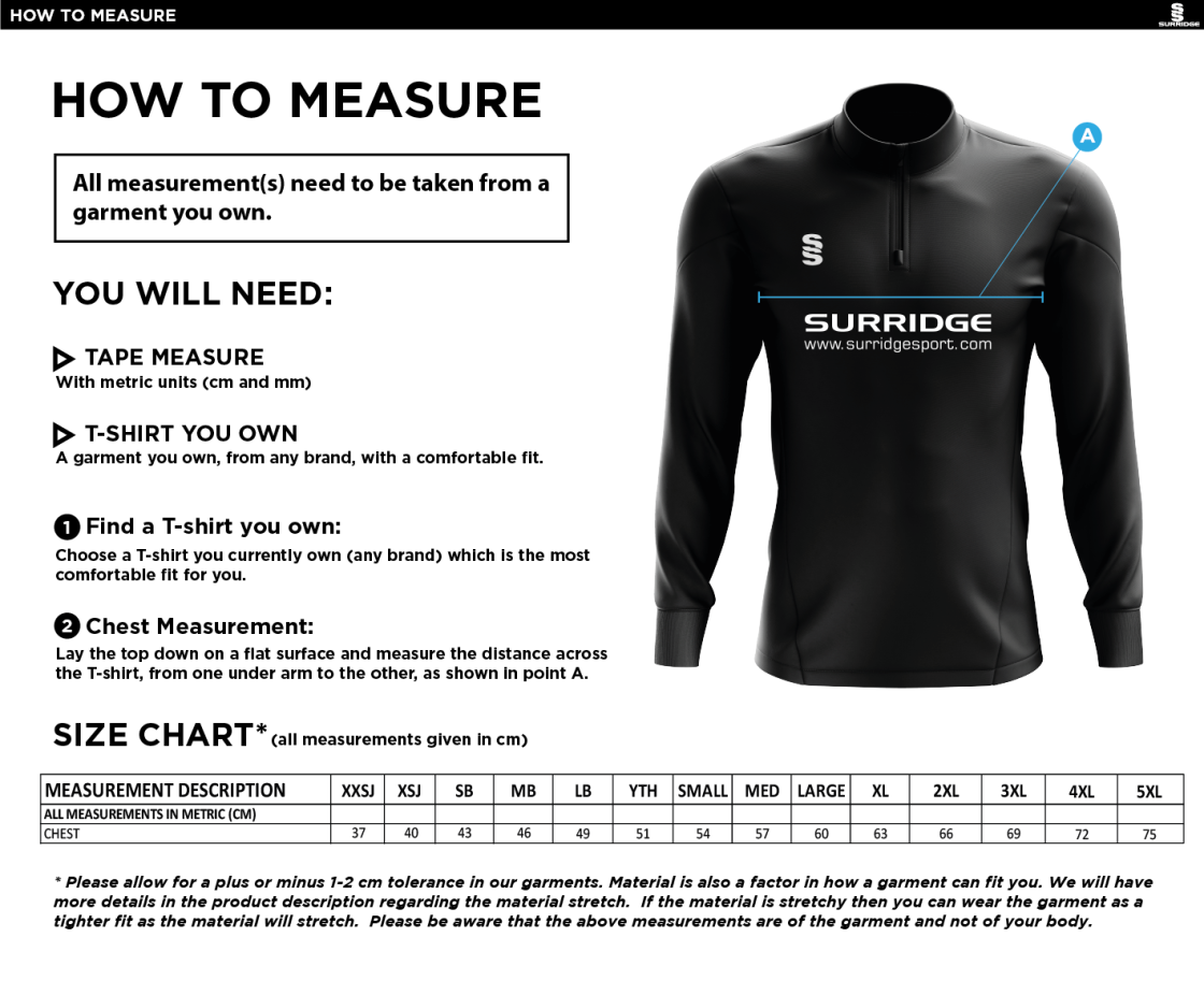 Blaze Netball - 1/4 Zip Dual Performance Top - Unisex Fit - Size Guide