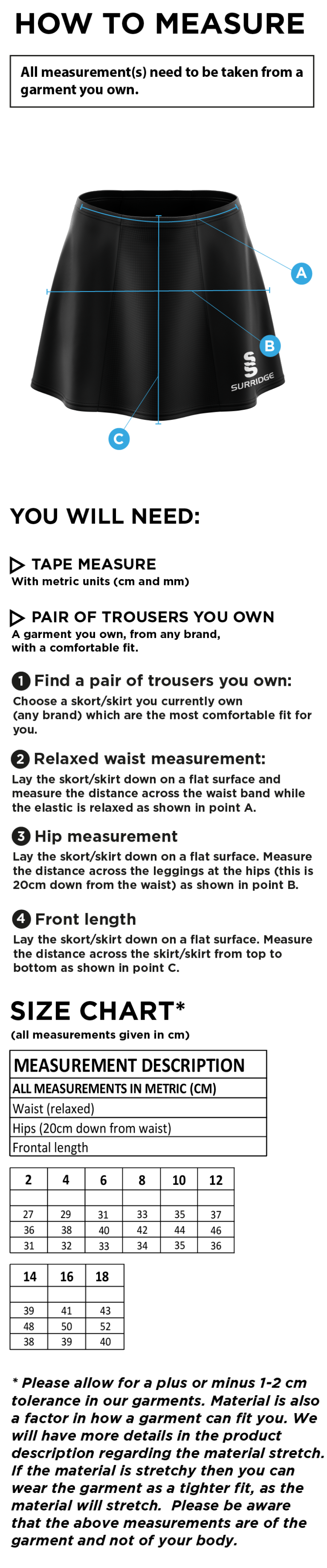 Blaze Netball - Blade Skort - Women's Fit - Size Guide