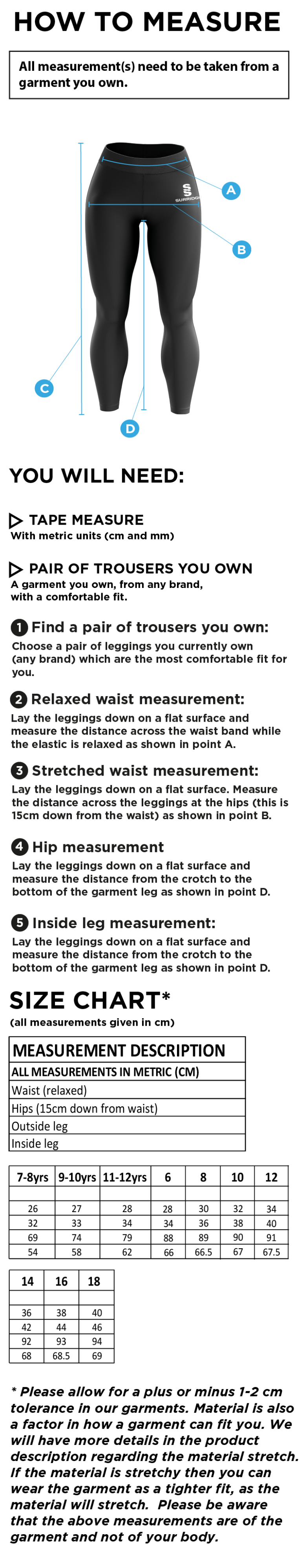 Blaze Netball - Performance Full Length Leggings - Women's Fit - Size Guide