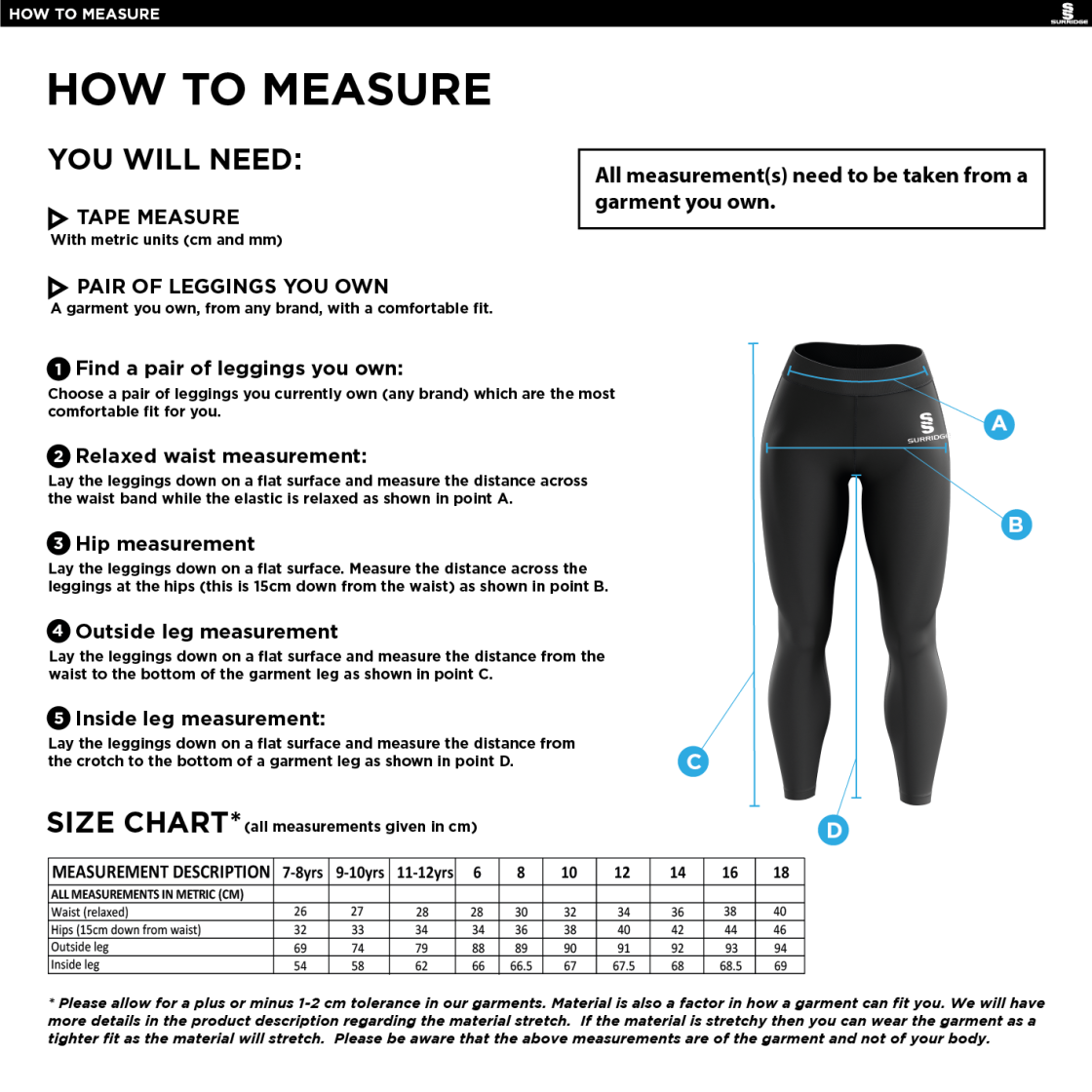 Blaze Netball - Performance Full Length Leggings - Women's Fit - Size Guide